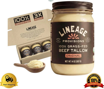 Lineage Provisions - 100% Grass-Fed & Finished Beef Tallow   3-Pack Glass Jars