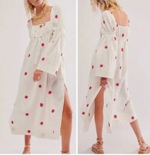 Free People Emory Midi Dress Peasant Small Embroidered White/Red Sunburst NWOT