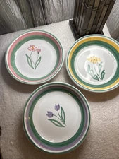 Set Of 3 Caleca Meadow 8.5" Stoneware Shallow Bowls- Tulips- Handpainted-Italy