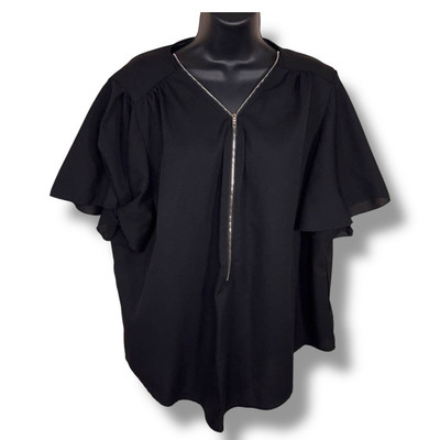 3XL SHEIN Curve Black Short Sleeve Blouse Zipper Vneck Accent Ruffle Goth Retro