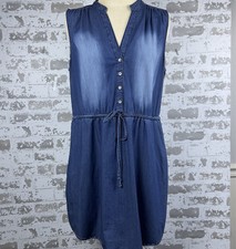 Vtg 90’s Guess Chambray Mini Dress Sz XL Denim Sleeveless Drawstring Pockets