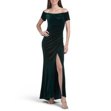 Xscape Hunter Green Square Neck Stretch Velvet Off The Shoulder Gown Size 4 $268