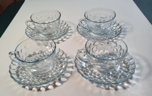 Anchor Hocking Blue Bubble Depression Glass Coffee Tea Cups Saucers Set of 4 VTG