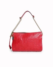 Carolina Herrera Red Monogram Embossed Leather Clutch Chain Shoulder Bag