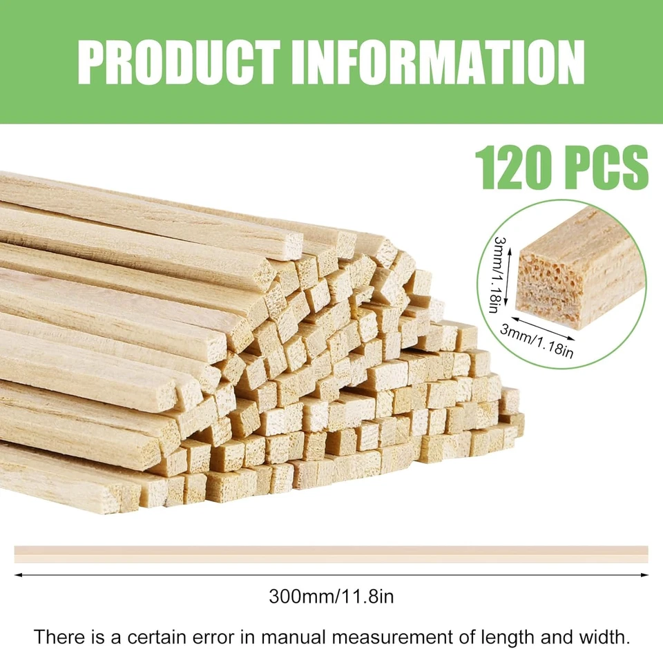 120 Pcs Balsa Wood Sticks,3 X 3 X 300 Mm Natural Wooden Dowels,Unfinished  - Image 2 of 4