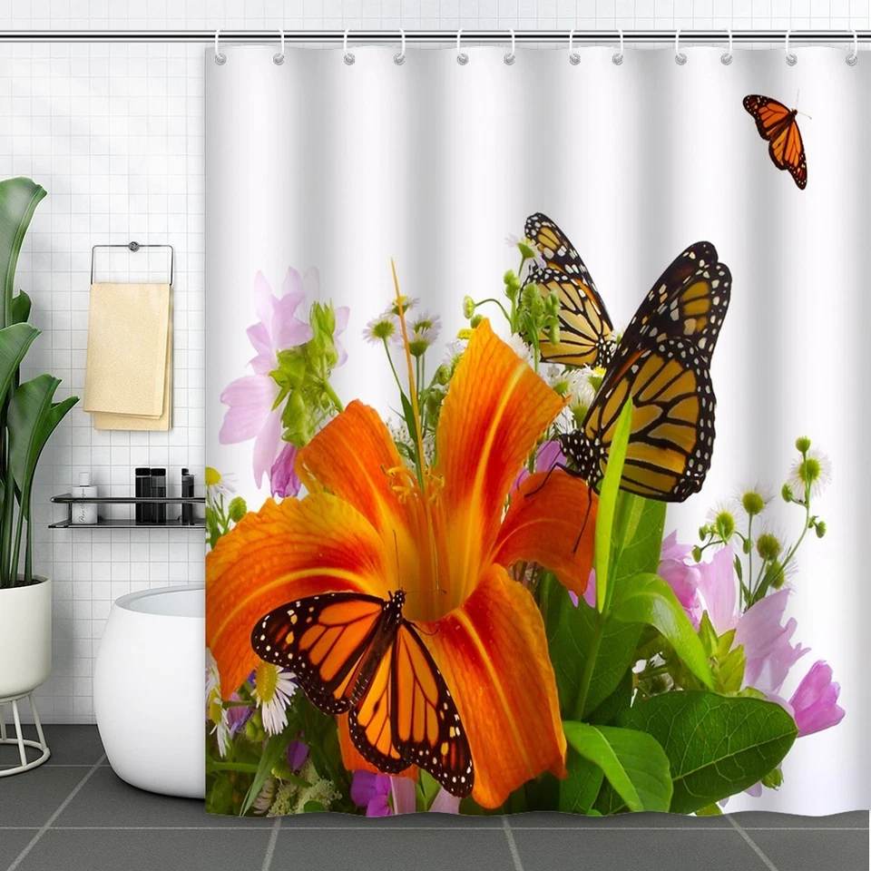 Flower Butterfly Shower Curtain Orange Lily Daisy Garden Decor with Hooks - Image 4 of 4