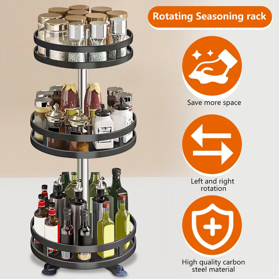 Lazy Susan Spice Rack 3 Tier Metal Rotate Height Adjustable Seasoning Organizer - Image 3 of 4