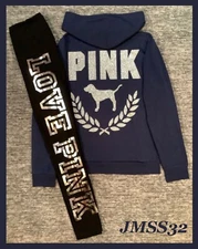 Victoria's Secret Pink Bling FZ Hoodie + Leggings Set Blue Black Silver Dog L XL