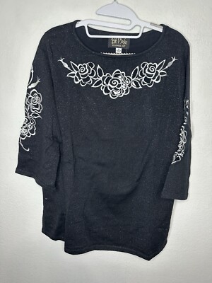 Bob Mackie's Floral Cut-out Embroidered Metallic Tunic Sweater In Black Medium