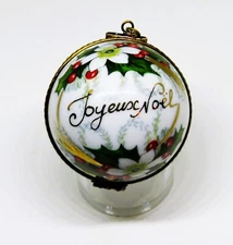 LIMOGES BOX - CHRISTMAS TREE BALL ORNAMENT - HOLLY & POINSETTIAS - "JOYEUX NOEL"