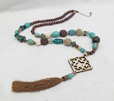 Signed C1946 Chunky Green Crystal Turquoise & Wood Bead Fringe Pendant Necklace