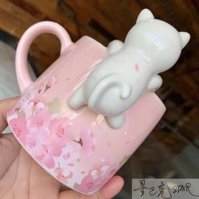 Starbucks Christmas gift Pink Cherry blossom three-dimensional cat coffee mug