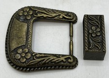 Brass Engraved Belt Buckle  Slip Flowers Leaves Western Cowboy/Girl 2 Piece VTG