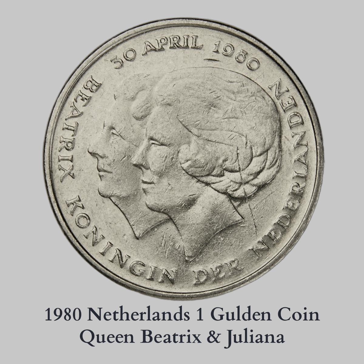 1980 Netherlands 1 Gulden Coin-Queen Beatrix & Juliana-Old World
