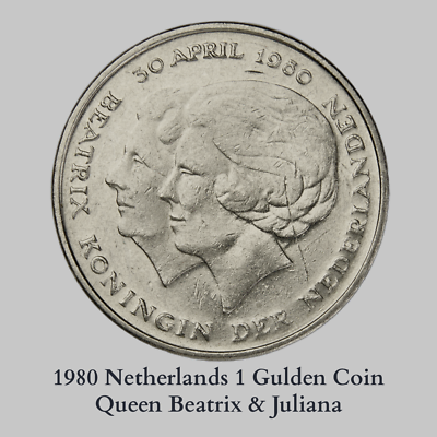 1980 Netherlands 1 Gulden Coin-Queen Beatrix & Juliana-Old World