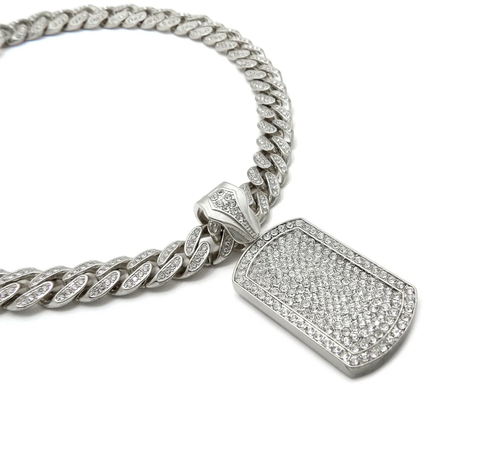New Ice Bling Dog Tag Pendant with 12mm 20" Box Lock Miami Cuban Link Chain Foto 4 de 4