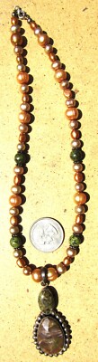 Vintage Sterling Indianer? Anhänger große Süßwasserperlen Halskette 16,5''