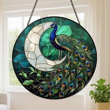 Peacock Crescent Moon Stained Glass Suncatcher, Peacock Suncatcher for Window
