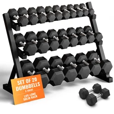 5-50 LBS Rubber Hex Dumbbell Set with Rack, 10 Pair, 550 lbs, FREE Shipping