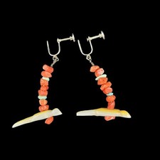 Vintage Southwestern Coral Turquoise Carved Bird Dangle Earrings Screw Back