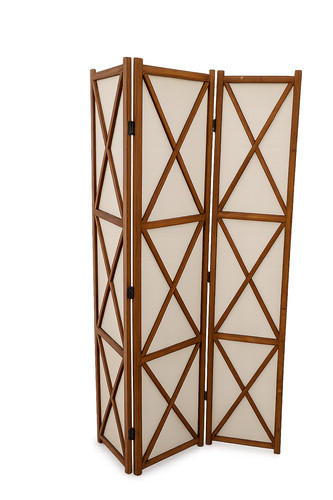 Wood Room Divider Folding Privacy Screen 3 Panel Natural Wood Beige Fabric