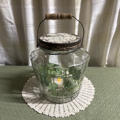 VTG 8 1/4  Tall Pickle Barrel Ribbed Clear Glass Jar W/Patina Lid Wired Handle