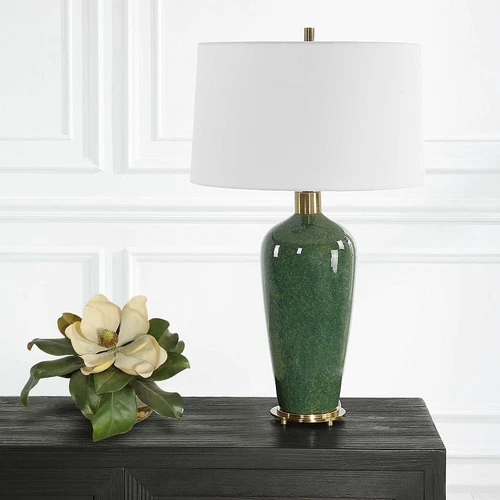 Classic Mottled Dark Green Gloss Ceramic Table Lamp 29 in Moss Antiqued Brass - Picture 7 of 7