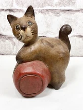 Wooden Carved Cat Over Barrel Folk Art  Primative Vintage