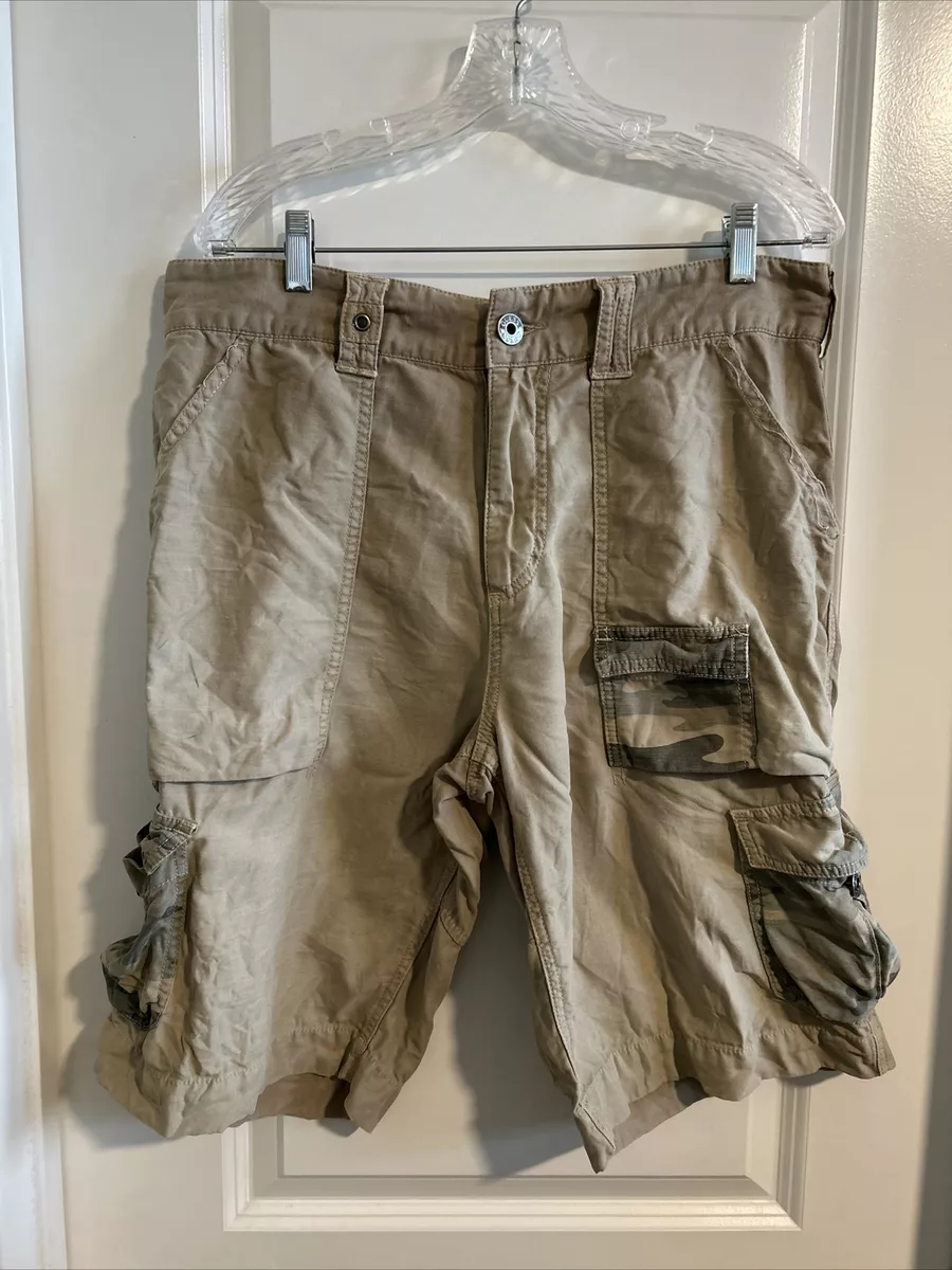 VTG Guess Jeans Military Surplus Linen Cargo Shorts Mens 33 Tan Camo  Pockets