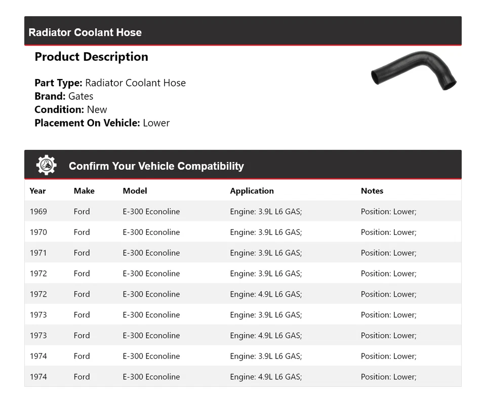 Para 1969-1974 Ford E-300 Econoline radiador líquido de arrefecimento mangueira portões inferiores 1970 1971 - Imagem 2 de 4