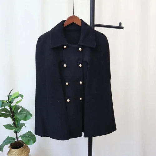 Damen Poncho Zweireiher Schlitz Ärmel fließend Wollmischung Elegant Cape Umhang Coa - Bild 16 von 47