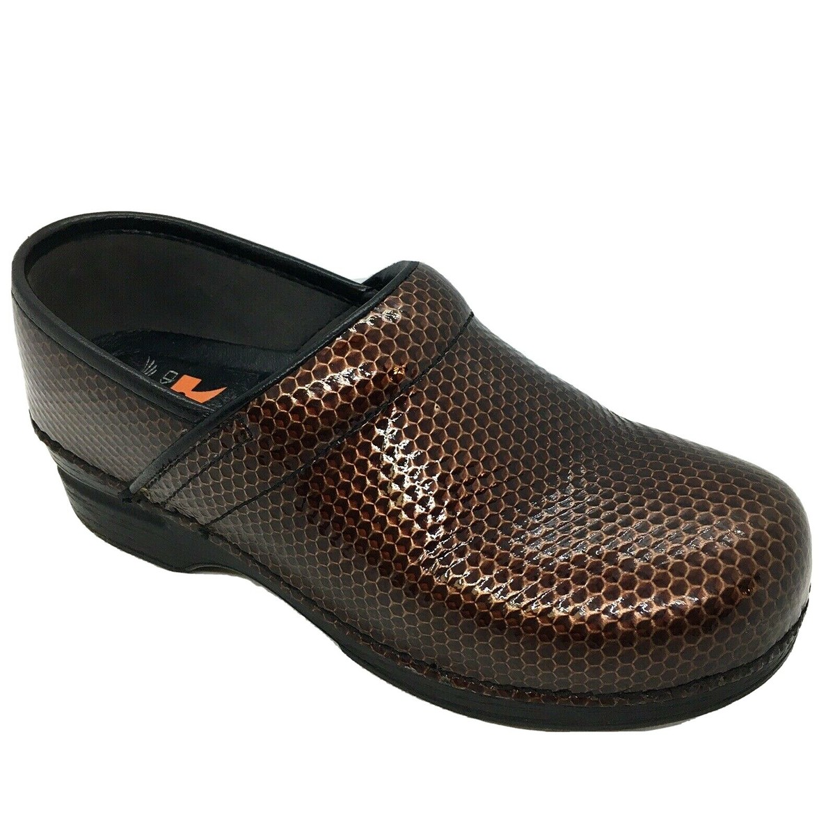 Dansko XP Brown Copper Texture Dots Snake Patent Leather Nursing