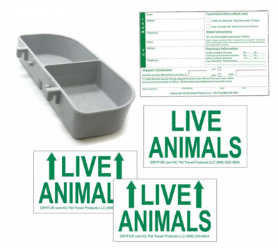 Standard Airline Kennel Travel Kit - Medium Food Water Tray - Live Animal Label