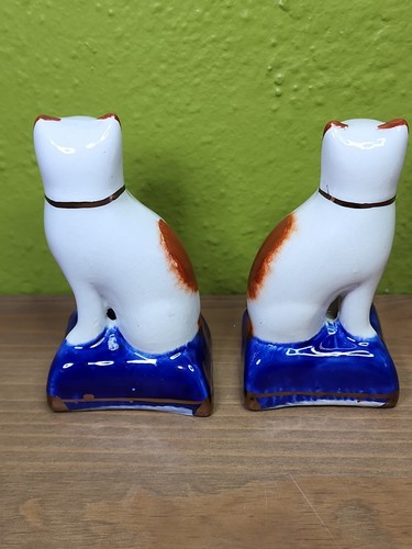 Antique Small English Staffordshire Russet Calico Mantle Table Cat Pair 4.25” - Picture 5 of 12