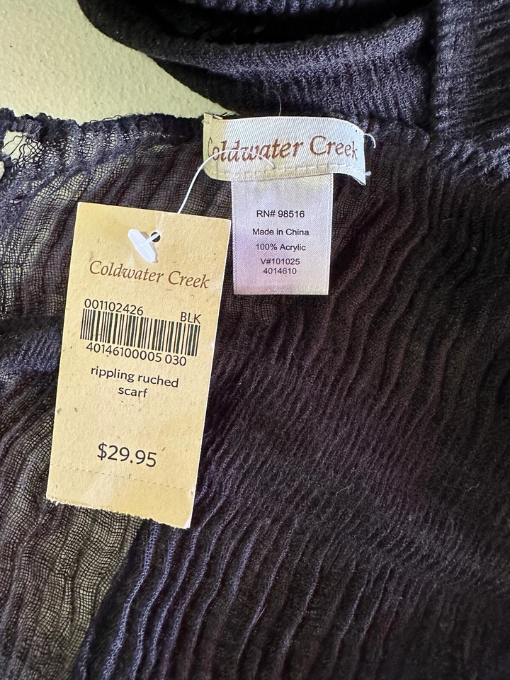 Coldwater Creek Rippling 褶皱透明围巾黑色 11x78 颈部裹身条纹下摆全新带标签 — 第 4/4 张图片