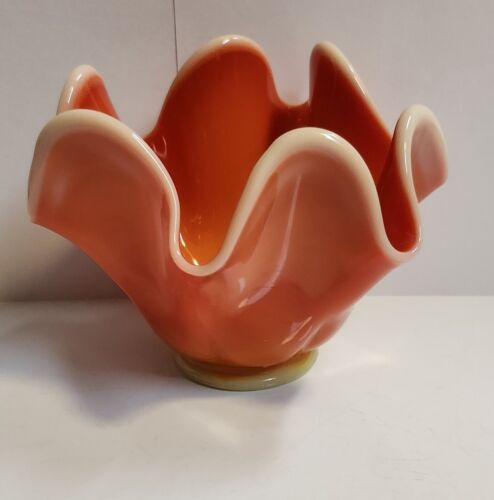 Vintage LE SMITH Candy Dish Bowl Bittersweet Orange Slag Glass Ruffle Edge - Picture 1 of 3