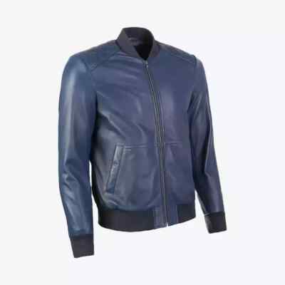 Blue Genuine Lambskin Leather Soft Biker Men's Bomber Jacket Stylish Handmade