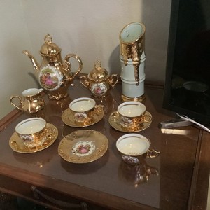 Bavaria Gold Porcelain Tea Set Floral Teapot Sugar Creamer Cups & Saucers