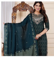 Women's Ethnic Wear Rayon Kurti Pant Set with Dupatta Green Gold