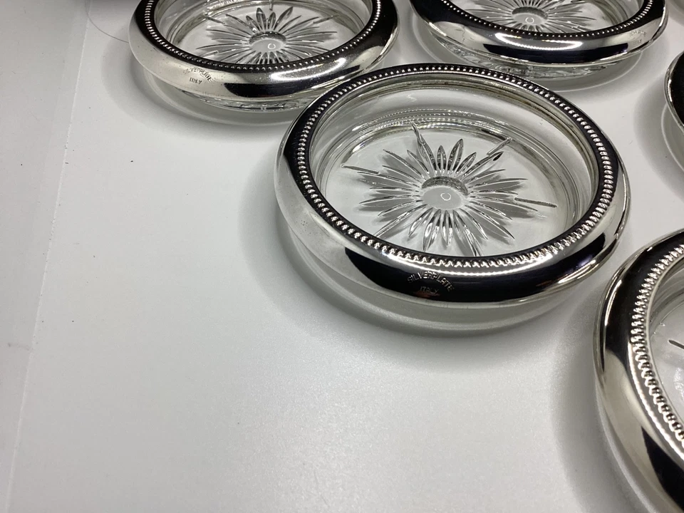 Vintage Italian Glass Starburst Coasters Silver Plate Beaded Rims Set of 8 - Image 3 of 4