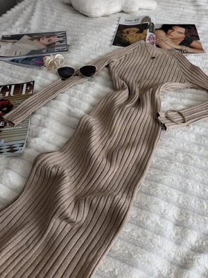 Damen Rippstrick Strickkleid Midi Beige Langarm mit Gürtel Gr. S