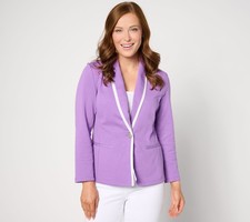 Susan Graver Weekend Marina Knit Bracelet Sleeve Tipped Blazer Jacket Lilac/Whit