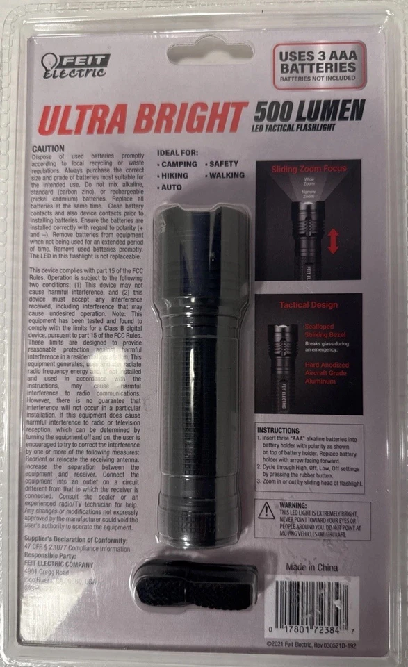 Linterna táctica LED ultra brillante Feit eléctrica de 500 lúmenes enfoque con zoom deslizante Foto 4 de 4