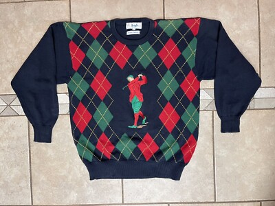 Pringle of Scotland 100% Cotton Argyle Sweater w/Golfer Embroidered Blue Red