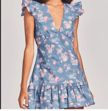 NWT LoveShackFancy Arthur Blue Floral Mini Dress Flutter Sleeve Ruffled Size 6