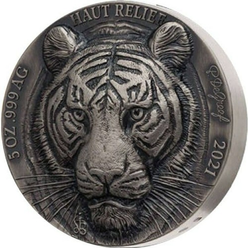 2021 5 Oz Silver 5000 Francs Ivory Coast Big Five TIGER Antique Finish Coin.