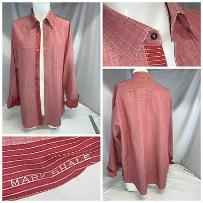 Mark Shale Flip Cuff Shirt XL Men Pink Red Plaid Modal Cotton Poly YGI E0-512