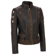 Women's Distressed Brown Cafe Racer Vintage Biker Leather Jacket Size Small