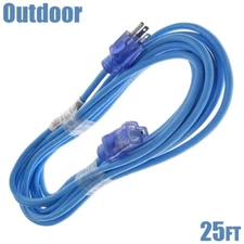 25FT Outdoor 14AWG 3-Prong Power Cable Extension Cord SJTW Grounded Blue/Clear