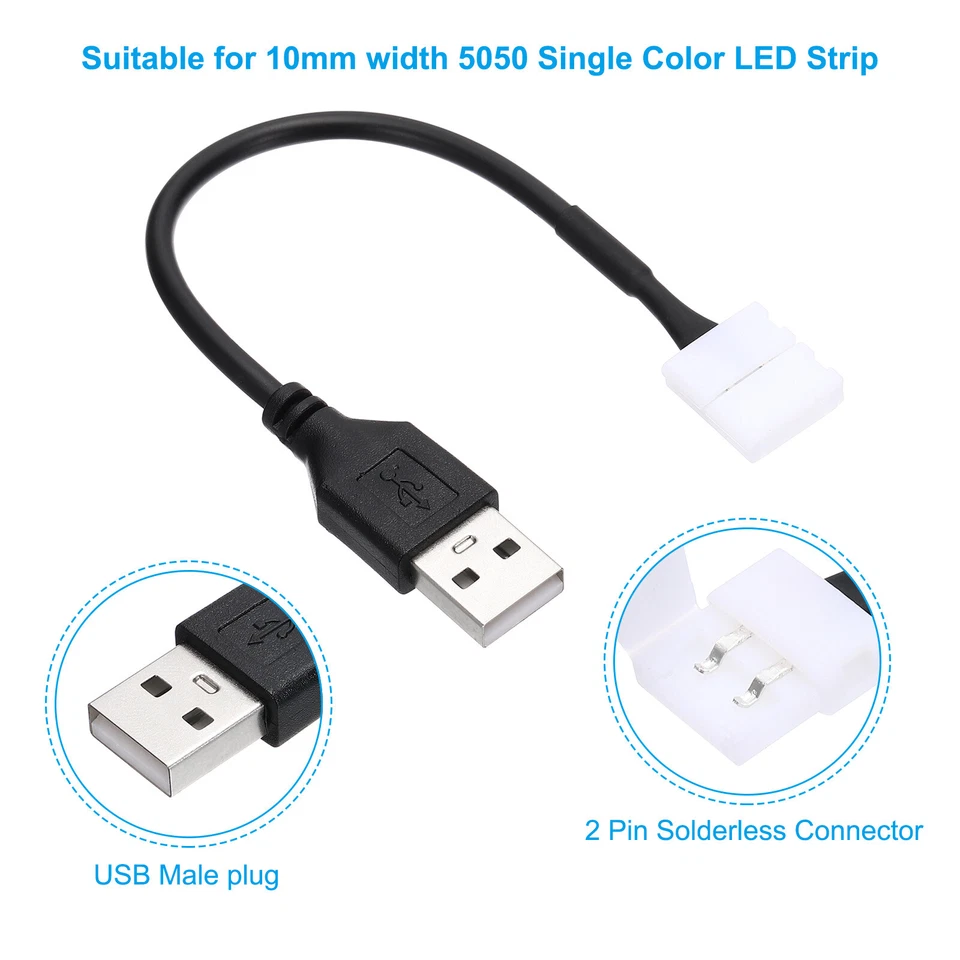 10mm USB to 2Pin Solderless Quick Connector, 10Pcs USB LED Light Strip Connector Foto 3 de 4